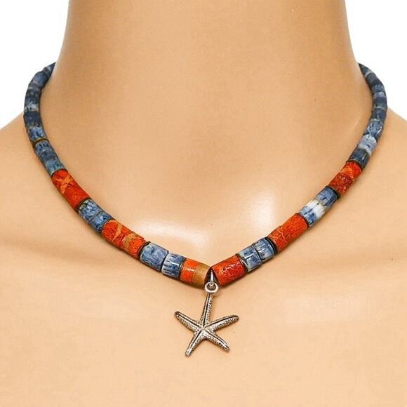 Vintage Natural Untreated Blue & Red Coral Heishi Bead Necklace Starfish Pendant - Picture 1 of 14